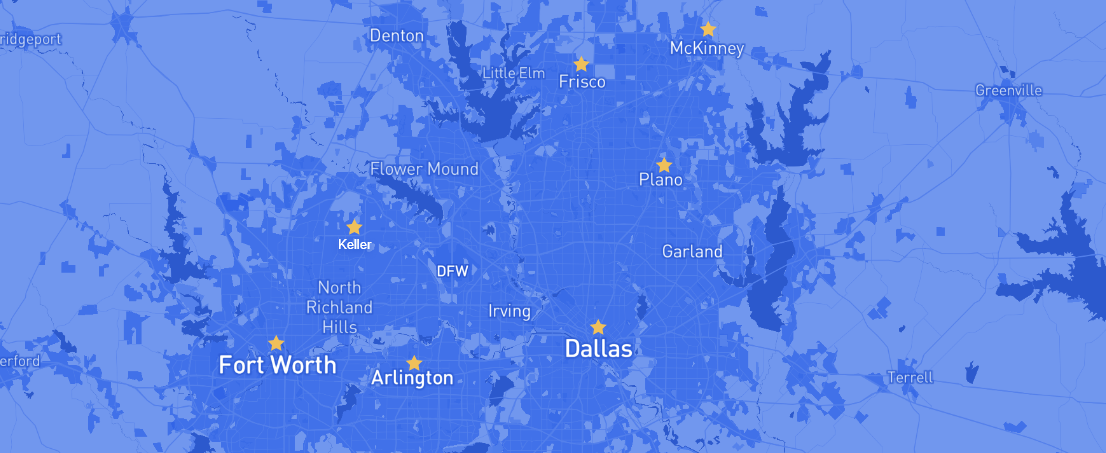 Map of the Metroplex with stars in Fort Worth Arlington Dallas Plano Frisco and McKinney